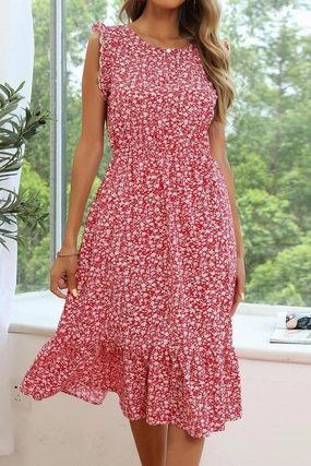 Sleek Appearance SLEEVELESS LACED ROUND NECK FLORAL PRINTED DRESS