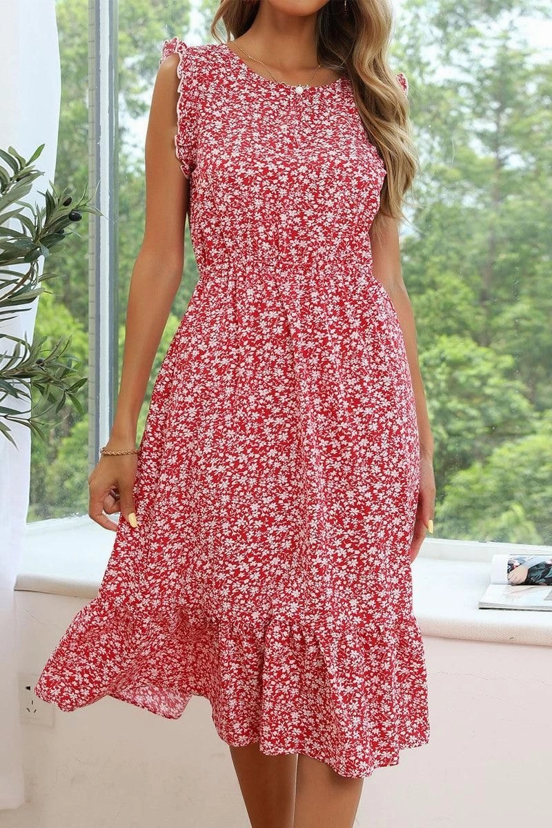 Sleek Appearance SLEEVELESS LACED ROUND NECK FLORAL PRINTED DRESS
