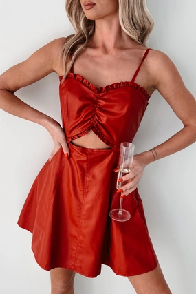 Simmering Looks Faux Leather Mini Dress (Red) Delicate Lines