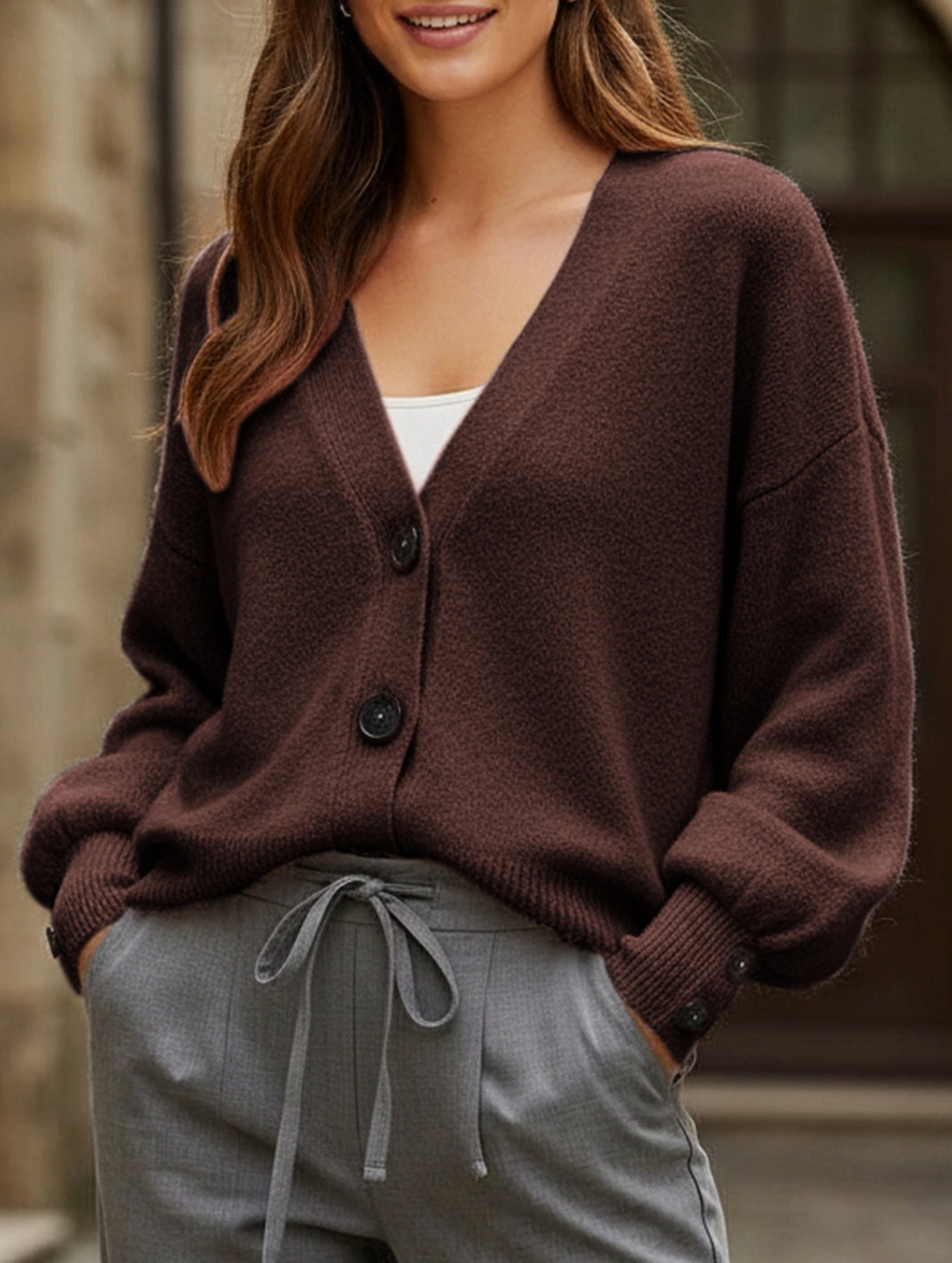 Simple button solid color long-sleeved sweater Active Design