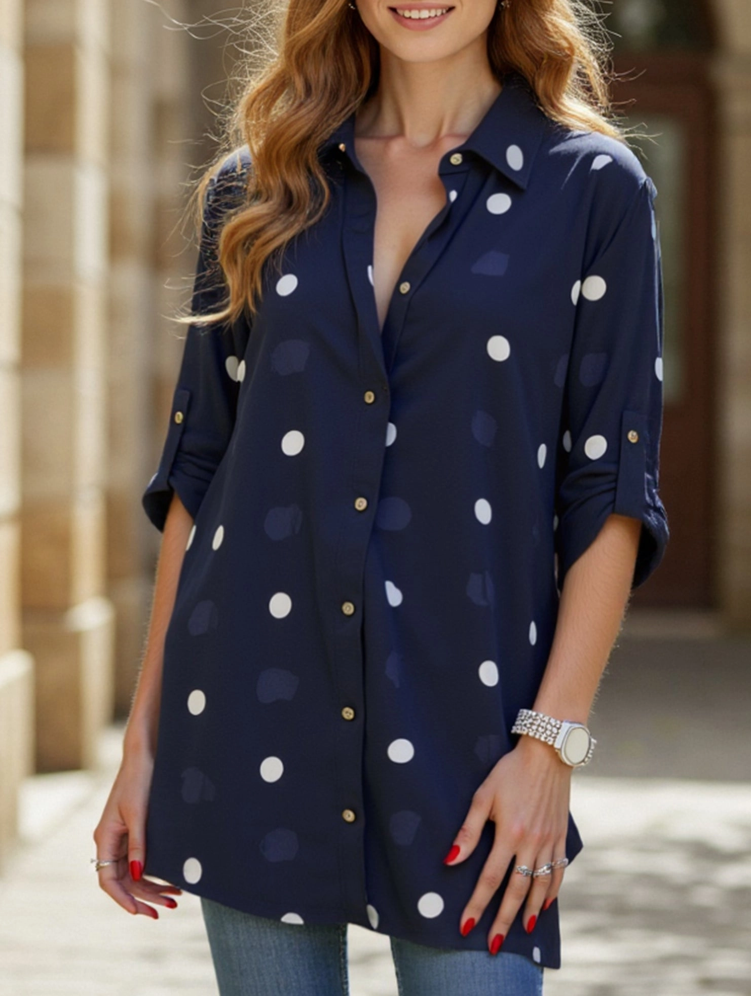 Buttery Soft Handfeel Simple lapel long-sleeved polka dot shirt