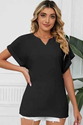 SIMPLE LOOSE FIT ROLL UP SHORT SLEEVE BLOUSE Quick Release Fasteners Lightweight Knit