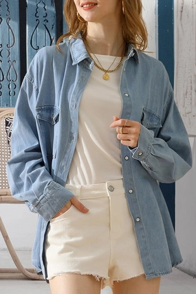 SIMPLE POKCET DENIM LONG SLEEVE SHIRTS Flexible Waistband Adaptation Stay Cool Technology