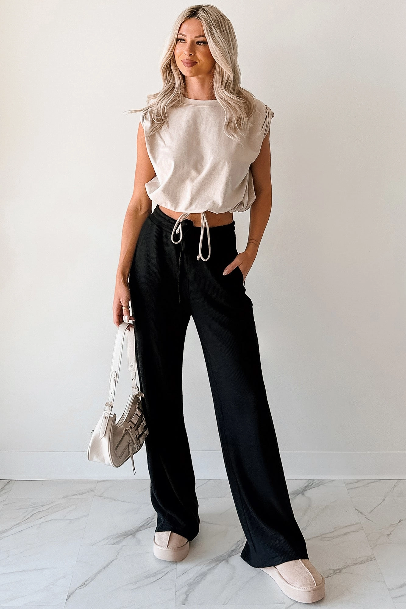 Beyond Horizons Waffle Knit Wide Leg Pants (Black) CrossBack Design Tie