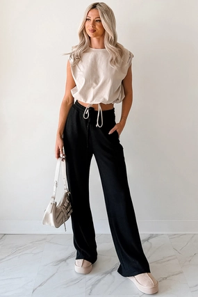 Beyond Horizons Waffle Knit Wide Leg Pants (Black) Slim Look Anti Friction Lining