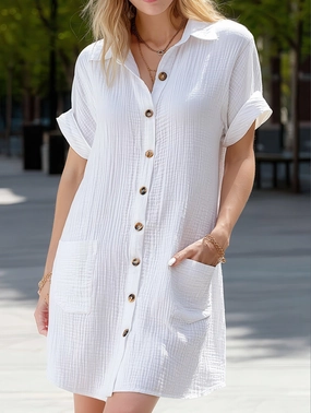 Simple V-Neck Button-Up Dress ??Casual Elegant Summer Dress for Women Young Edge Chic Look