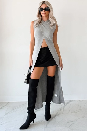 FourWayStretch Layered Hem Reinforcement Simply Me Sleeveless  Mock Neck Maxi Top (Heather Grey)
