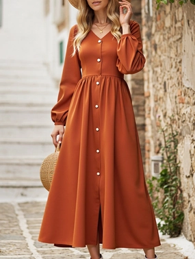 Elegant Look Photo Bright Single breasted solid color satin shirt dress