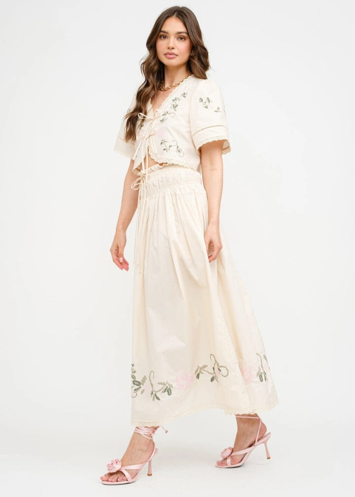 elastic waistband SIVAN FLORAL EMBROIDERED MIDI SKIRT
