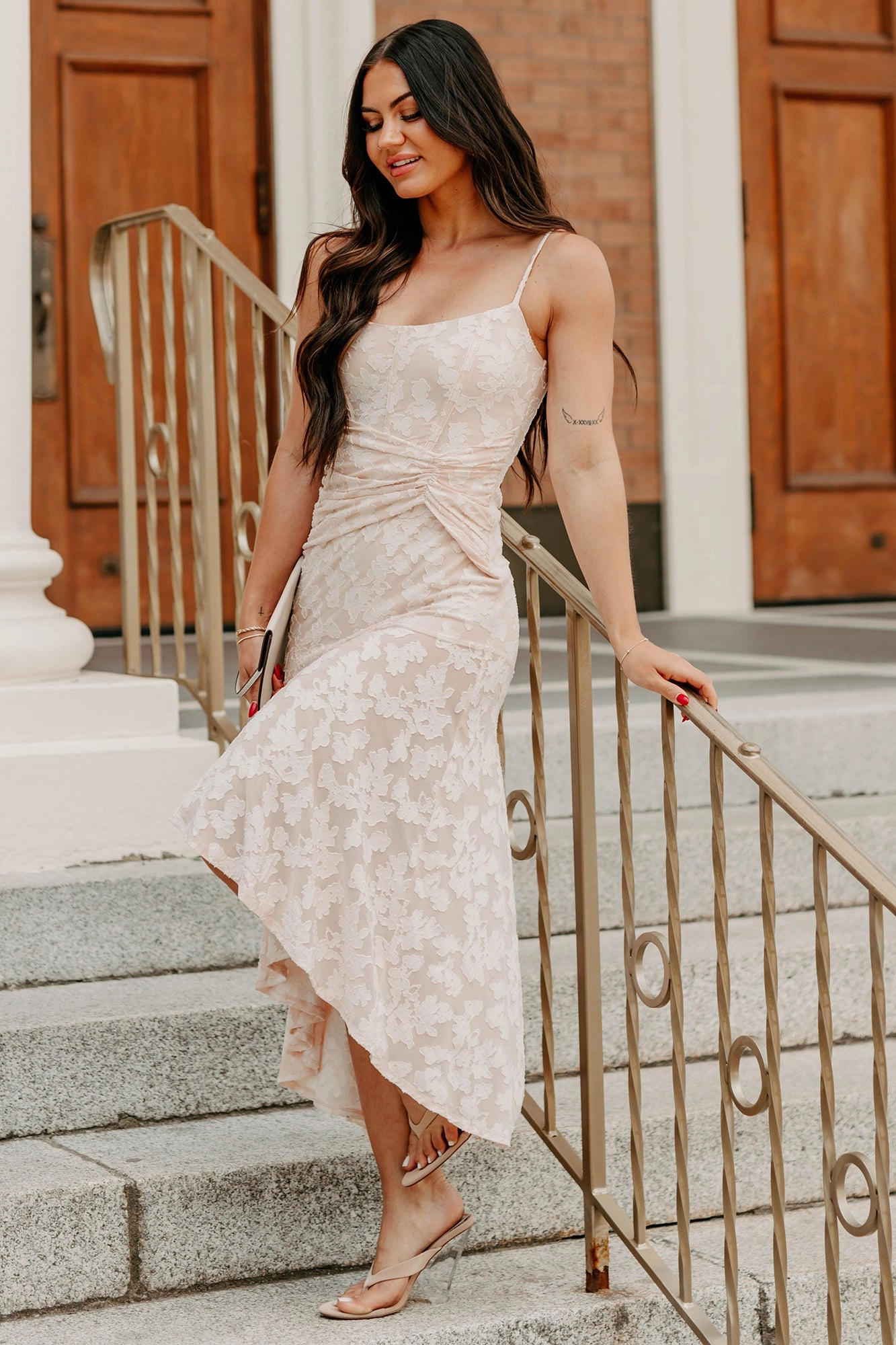 Refined Charm High Low Floral Jacquard Maxi Dress (Blush) Breathable Feel