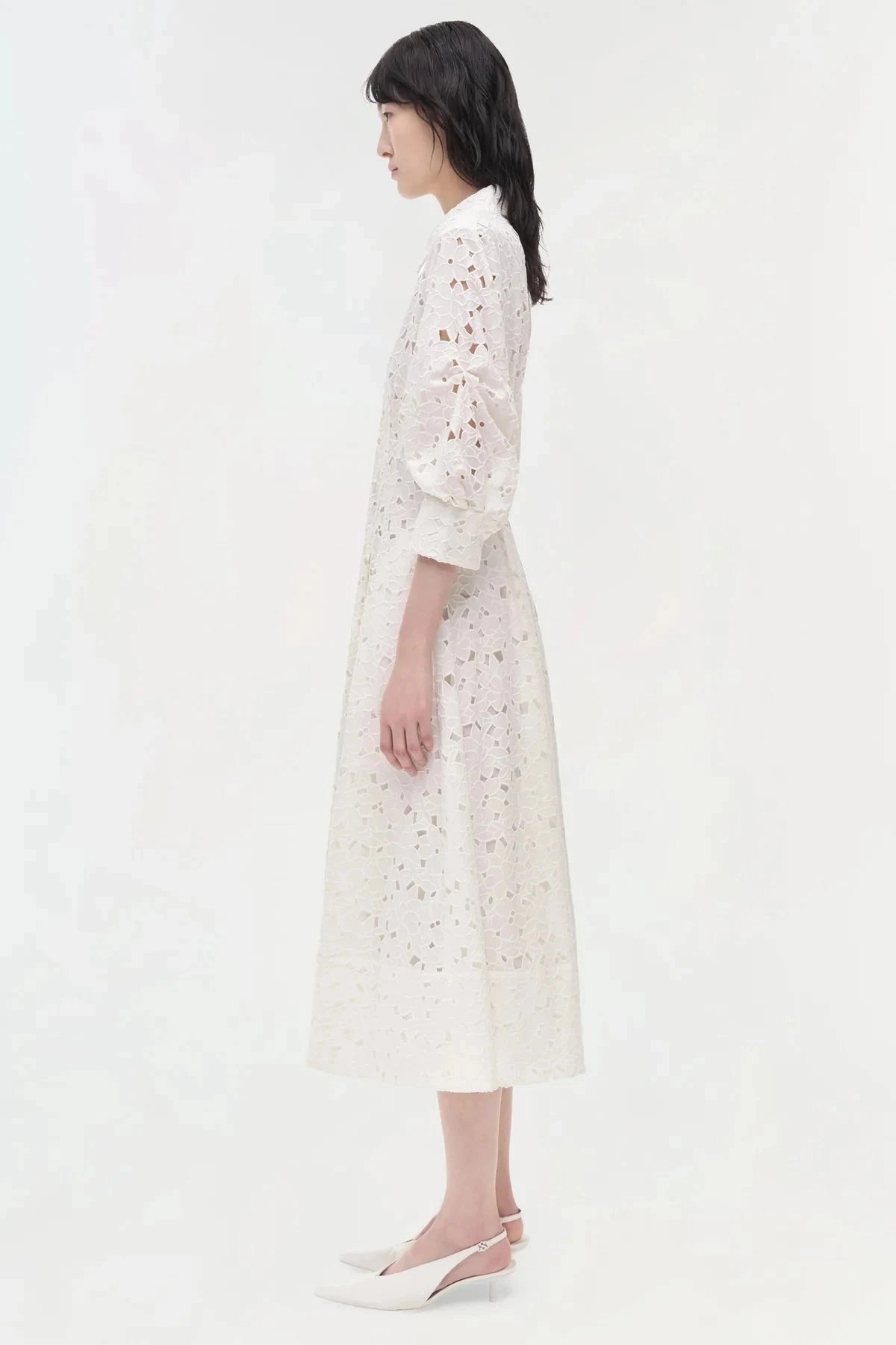 Jazz Embroidered Pintuck Midi Dress White Elegant Fabric