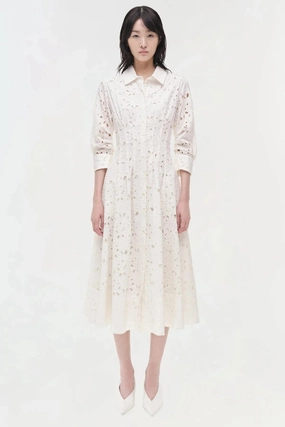 Summer Soft Jazz Embroidered Pintuck Midi Dress White