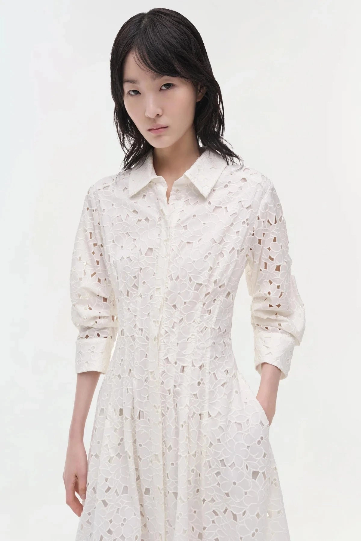 Comfortable Shape Jazz Embroidered Pintuck Midi Dress White