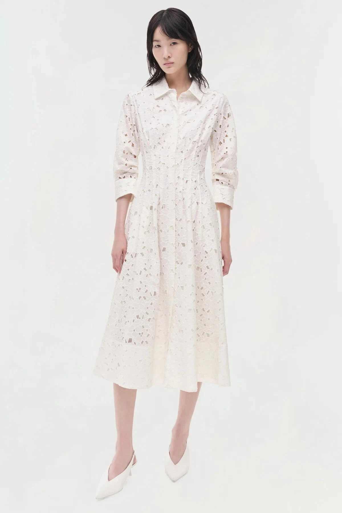 Perfect Look Jazz Embroidered Pintuck Midi Dress White