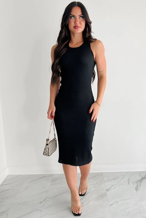 hypoallergenic Lounge Outfit Half The Story Sleeveless Ribbed Midi Dress (Black)