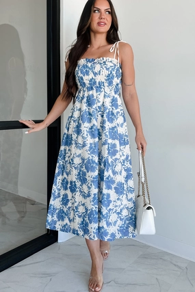 BreathableLining Garden Breeze Floral Midi Dress (Cream/Blue)