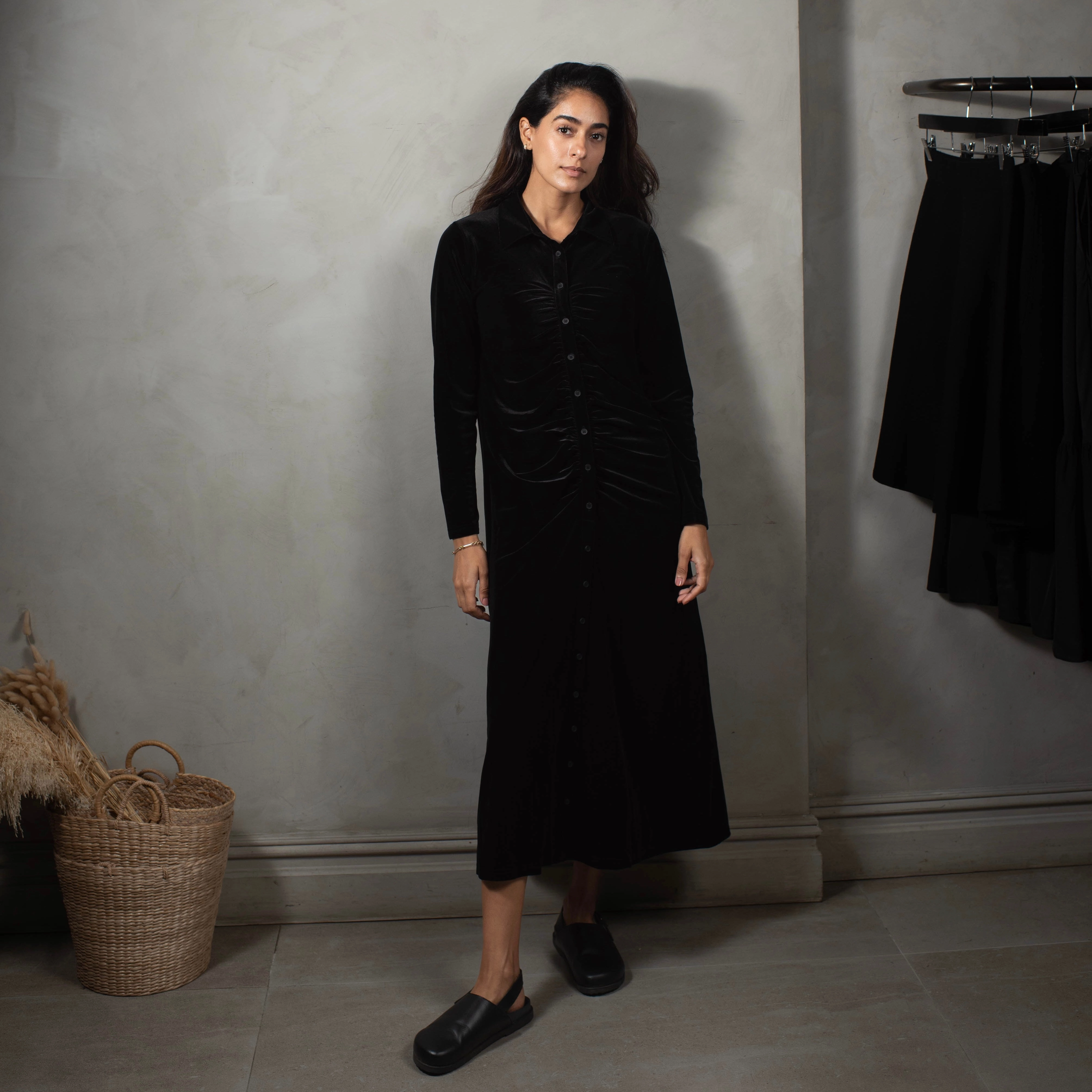 Feminine empire waist dress Workwear Velour Ruched Dress | Black [Final Sale]