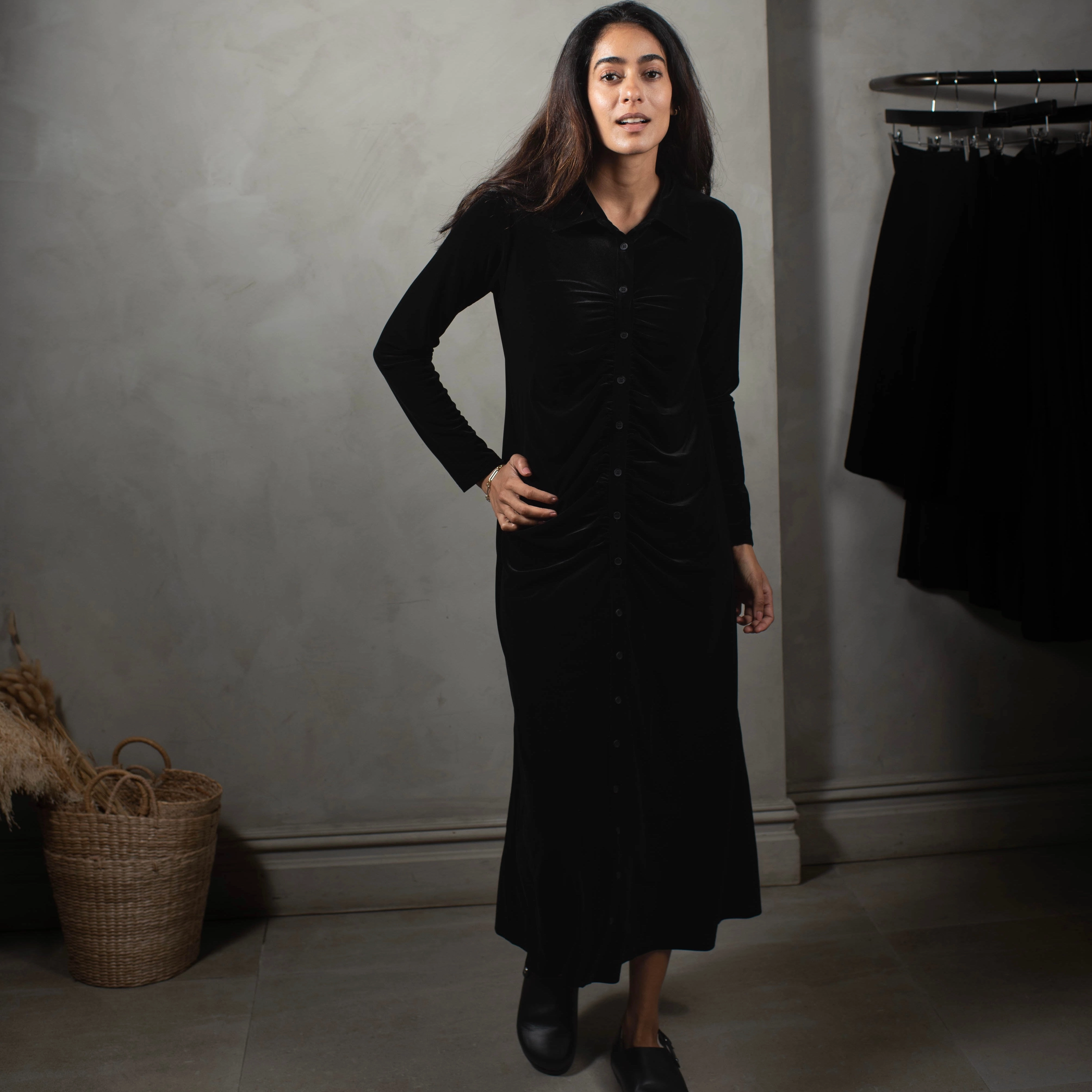 Velour Ruched Dress | Black [Final Sale] Light Wear Tie-Detail