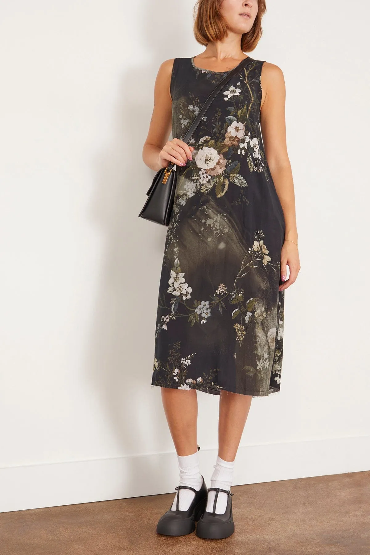 Sleeveless Midi Dress in Black Bleached Floral