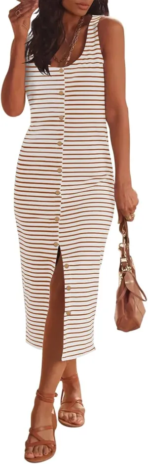 Sleeveless Midi Dresses for Women Striped T Shirt Dress Decorative Botton Sleeveless Ribbed Knit Bodycon Sundresses