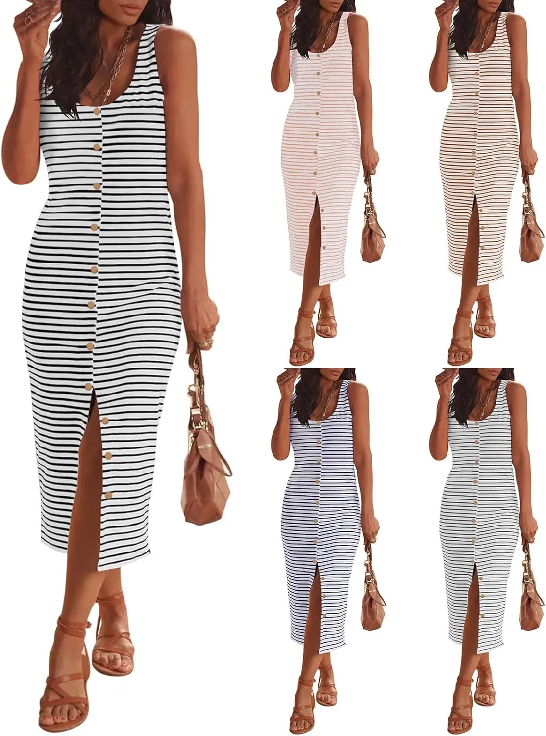 Sleeveless Midi Dresses for Women Striped T Shirt Dress Decorative Botton Sleeveless Ribbed Knit Bodycon Sundresses