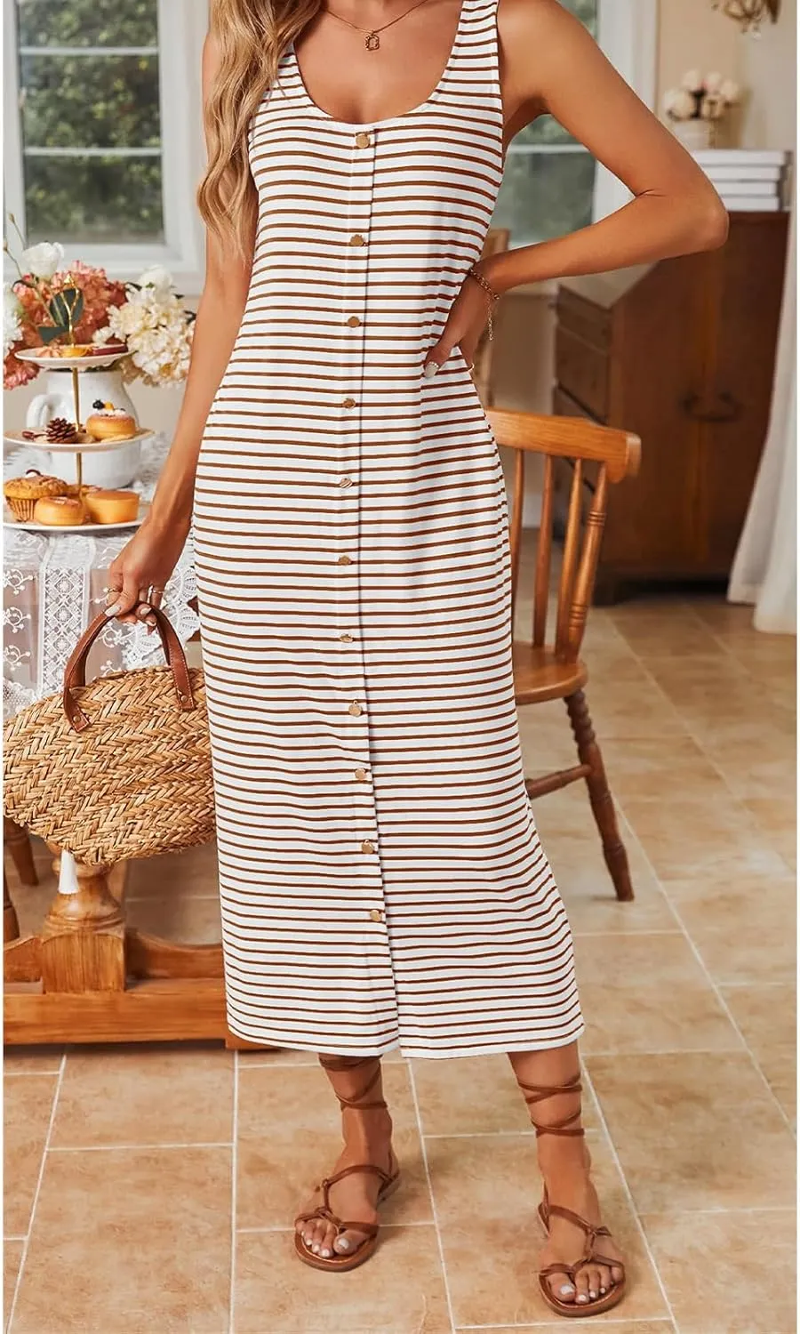 Sleeveless Midi Dresses for Women Striped T Shirt Dress Decorative Botton Sleeveless Ribbed Knit Bodycon Sundresses