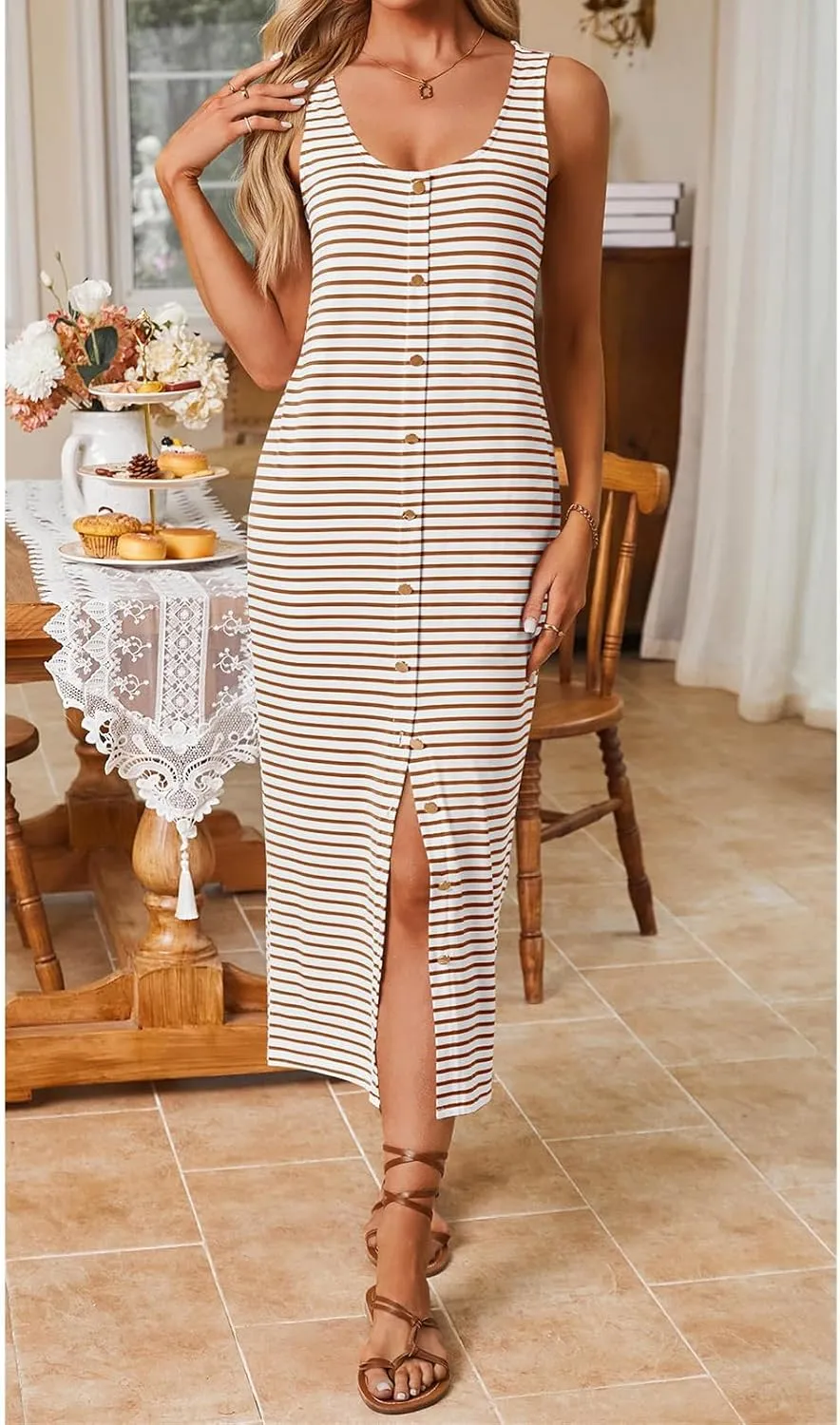 Sleeveless Midi Dresses for Women Striped T Shirt Dress Decorative Botton Sleeveless Ribbed Knit Bodycon Sundresses