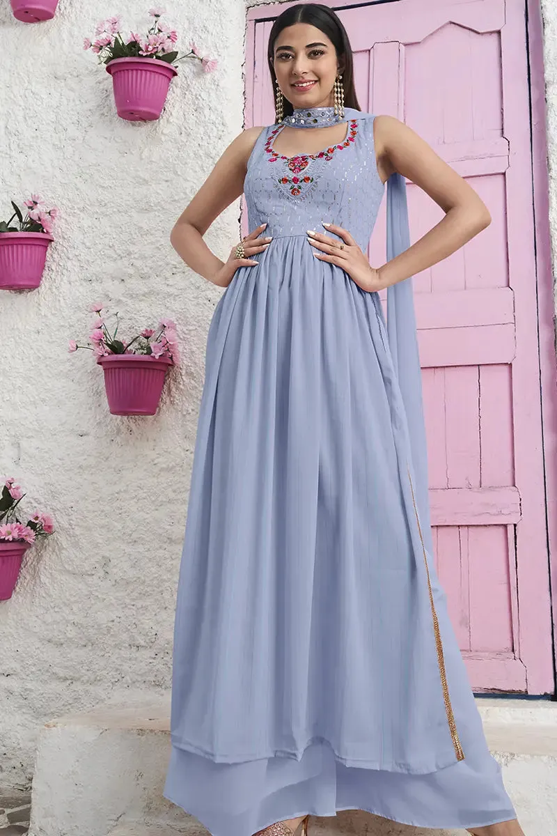 Sleeveless Sky Blue Gown Dress For Girls