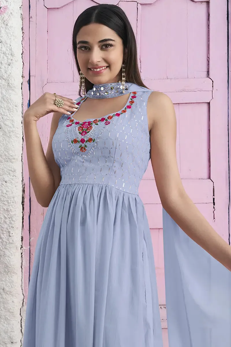 Sleeveless Sky Blue Gown Dress For Girls