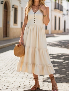 Softly Structured Sleeveless Loose Casual Solid Color Dress ??Lightweight Viscose Summer Dress for Women