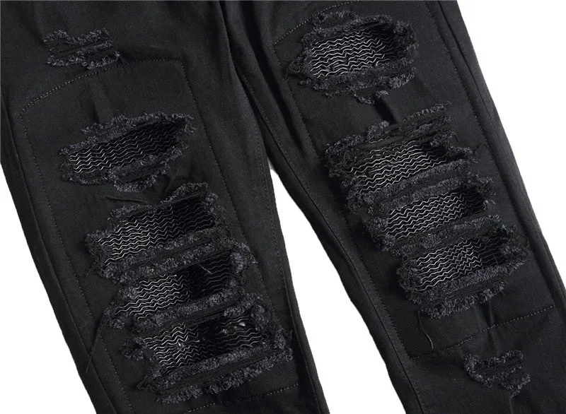 Slim Men's Ripped Jeans Patch With Leather Pencil Pants