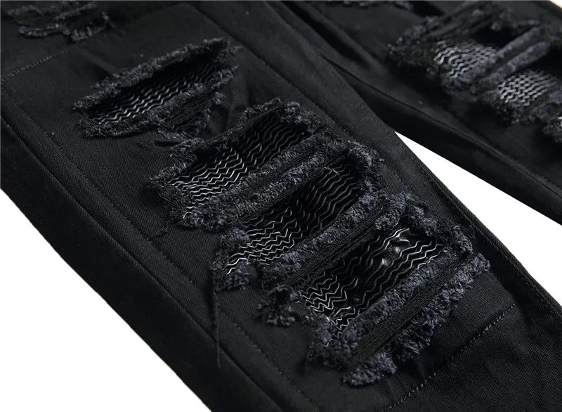 Slim Men's Ripped Jeans Patch With Leather Pencil Pants