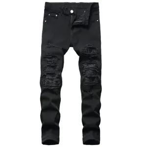 Slim Men's Ripped Jeans Patch With Leather Pencil Pants