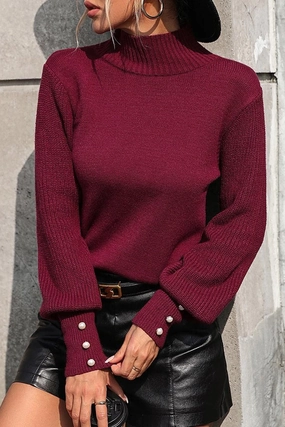 Mesh Lining WOMEN TURTLE NECK FITTED RIB SLEEVE KNIT SWEATER