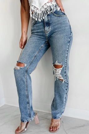 Soft Brush Lining All Season Orson High Rise Distressed Straight Leg Dogma Jeans (Medium Wash)
