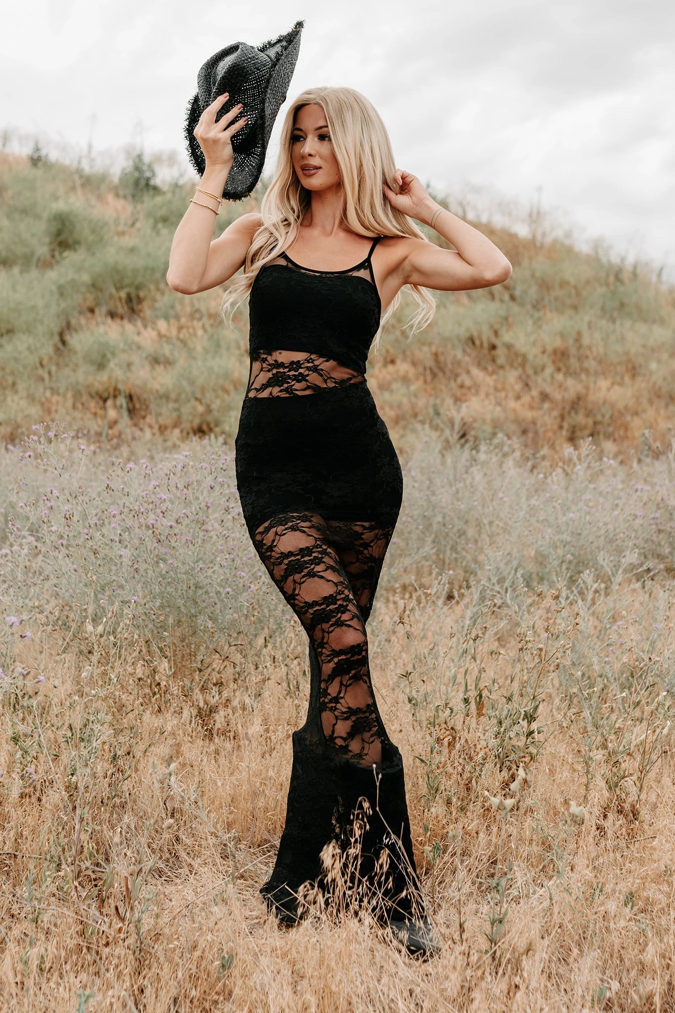 Seen Leaving Late Signature 8 Lace Maxi Dress (Black) Silky Drape Vacation Outfit