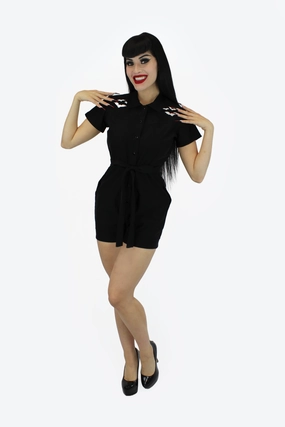lounging clothes Stretchy Bat Black Romper With Belt