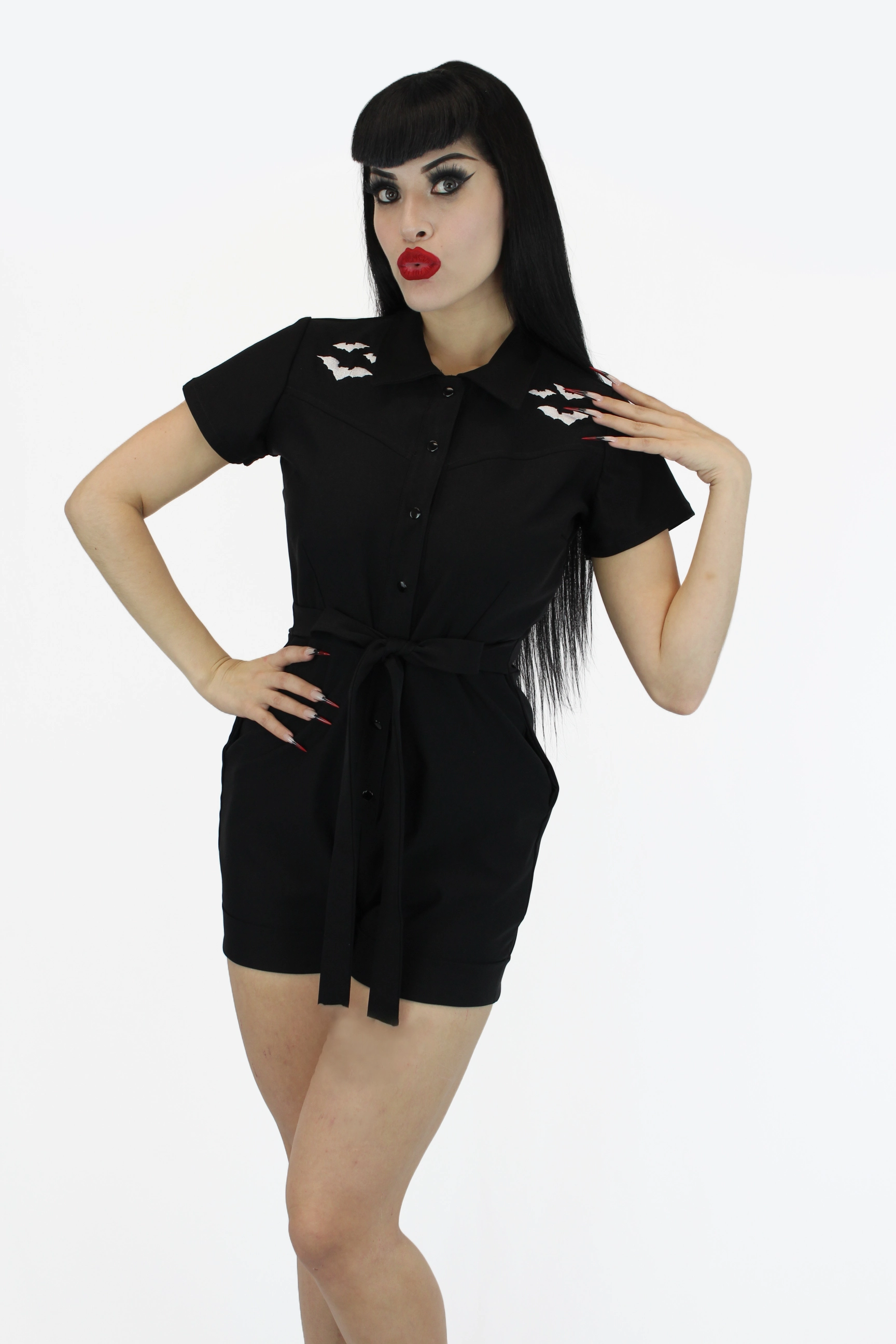 Stretchy Bat Black Romper With Belt Durable Feel Ergonomic Contour Shape