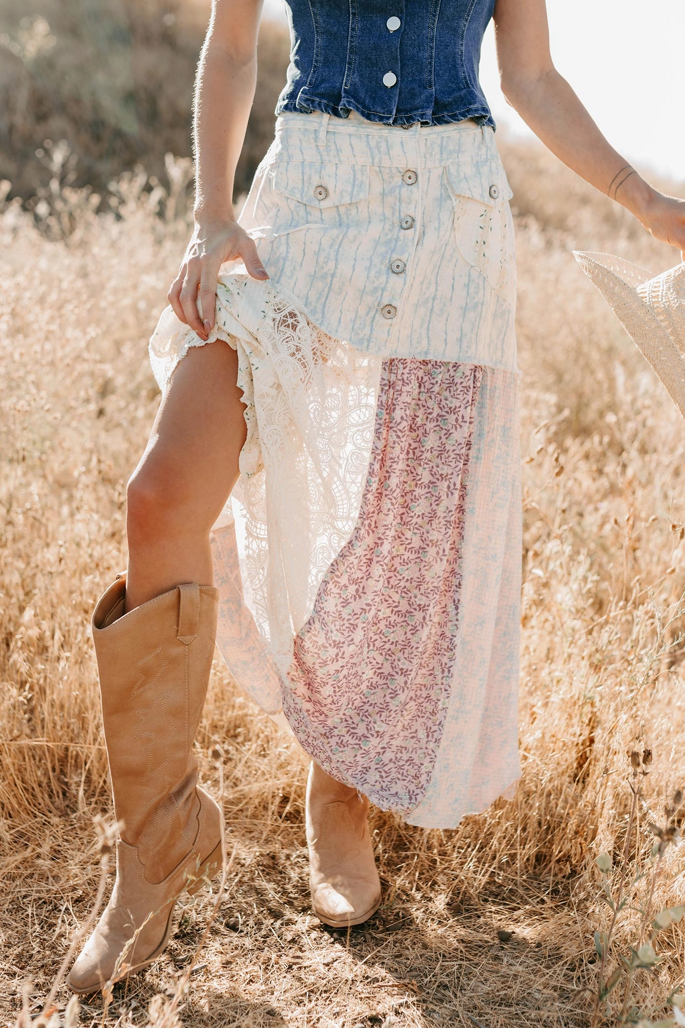 light texture Silk Touch Moonlit Path Patchwork Maxi POL Skirt (Blue/Multi)