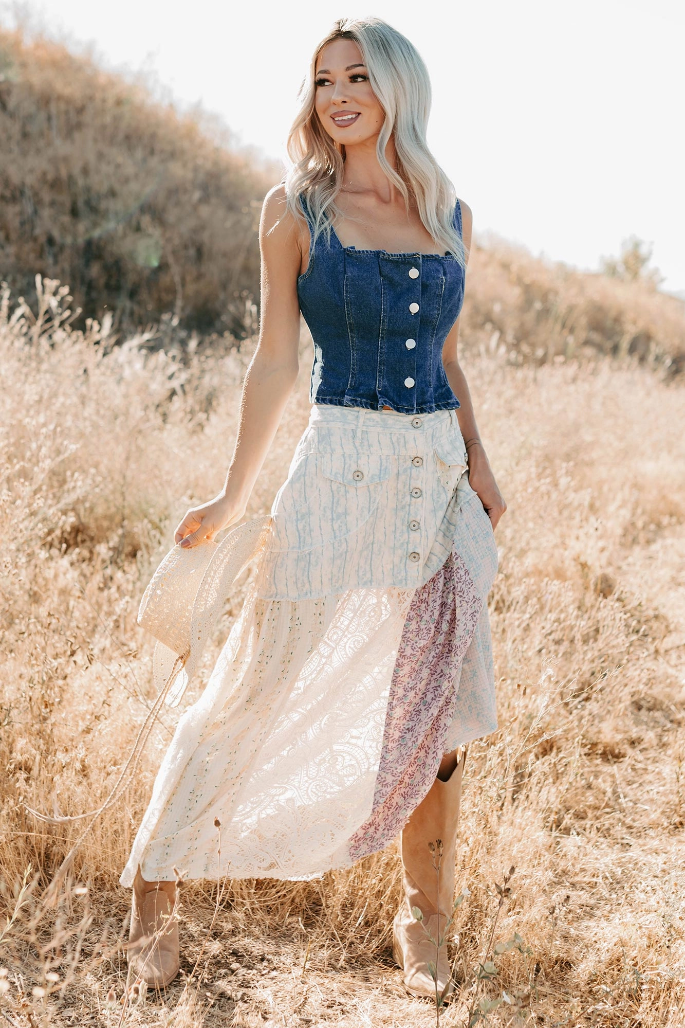 Flowy Drape Moonlit Path Patchwork Maxi POL Skirt (Blue/Multi)