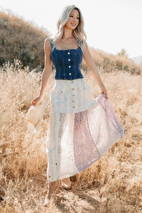 Urban Pulse Breathable fabric Moonlit Path Patchwork Maxi POL Skirt (Blue/Multi)