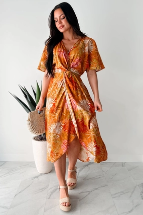 Mood Edge Slow Down & Smell The Roses Tropical Print Midi Dress (Mustard/Multi)