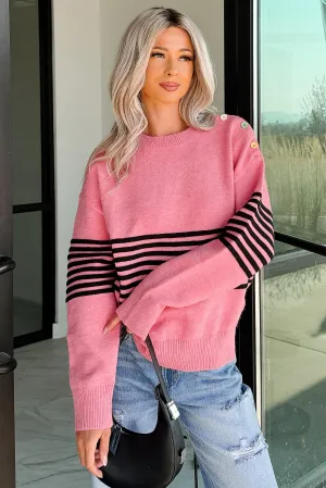 My Favorites Long Sleeve Striped Knit Sweater (Pink/Multi) Sustainable Manufacturing Process NonRestrictiveCollar