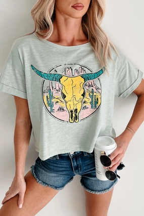 Back In The Saddle Boxy Bull Skull Graphic T-Shirt (Sage) FadeResistant