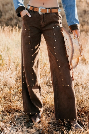 Gripper Waistband Brody Studded Wide Leg TicToc Jeans (Brown)