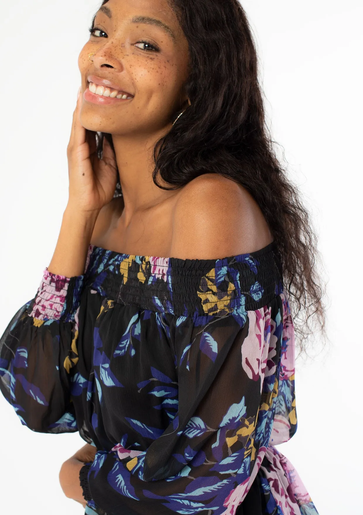 Smocked Off Shoulder Floral Print Blouse