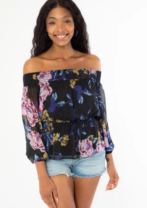 Smocked Off Shoulder Floral Print Blouse