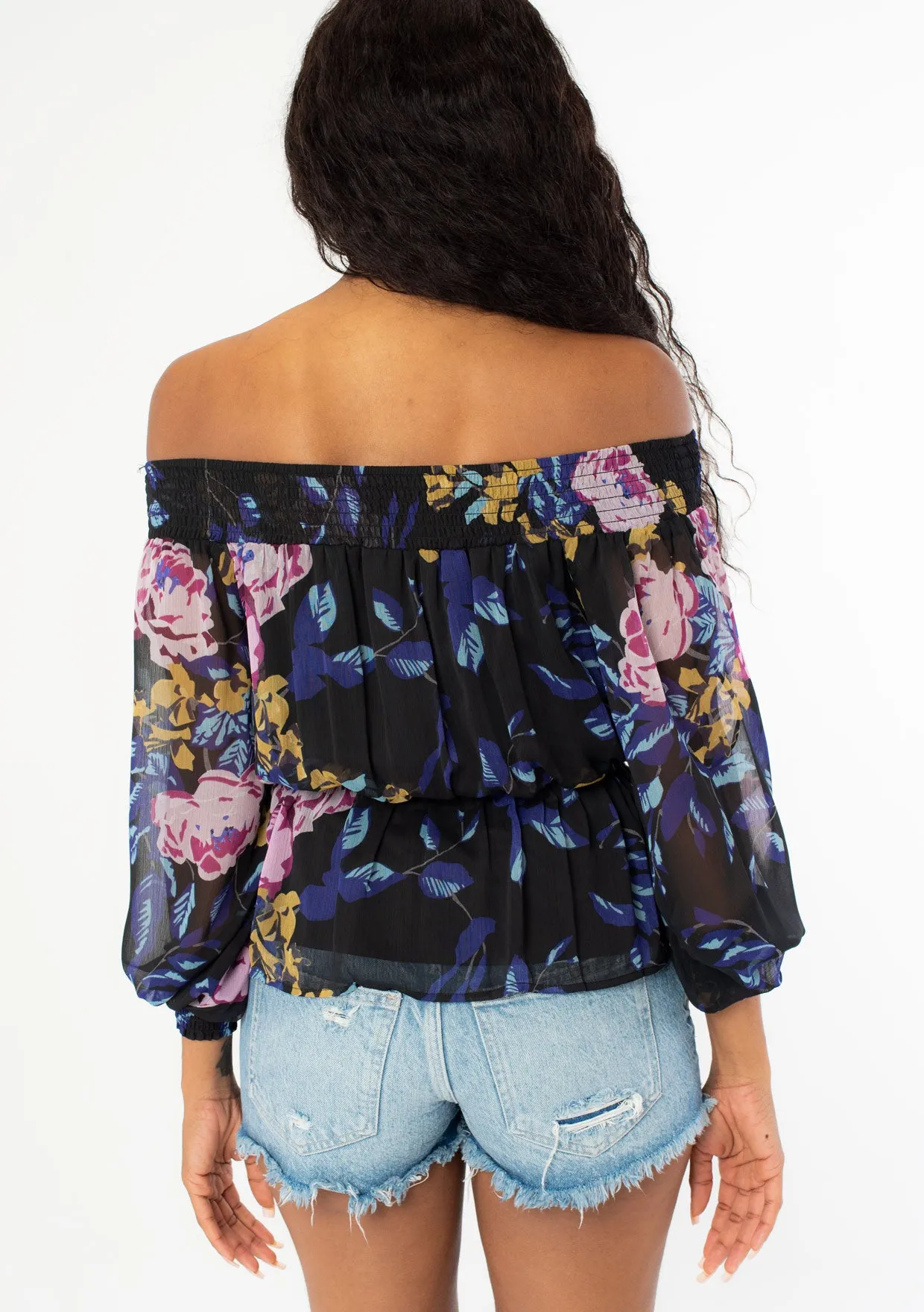 Smocked Off Shoulder Floral Print Blouse
