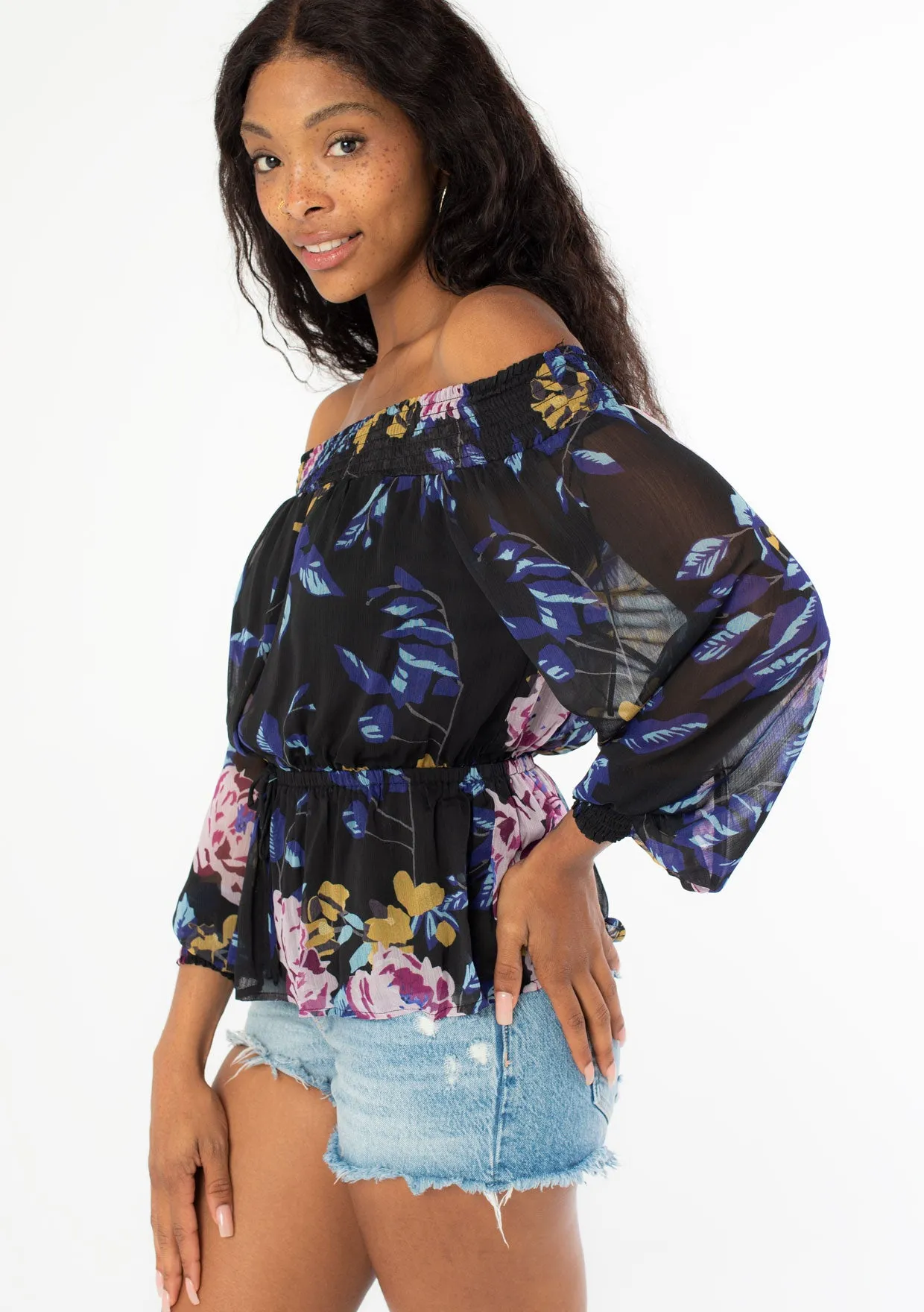 Smocked Off Shoulder Floral Print Blouse