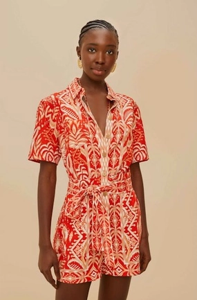 Noble Glow Insulating-Lining Tropical Tapestry Romper Red